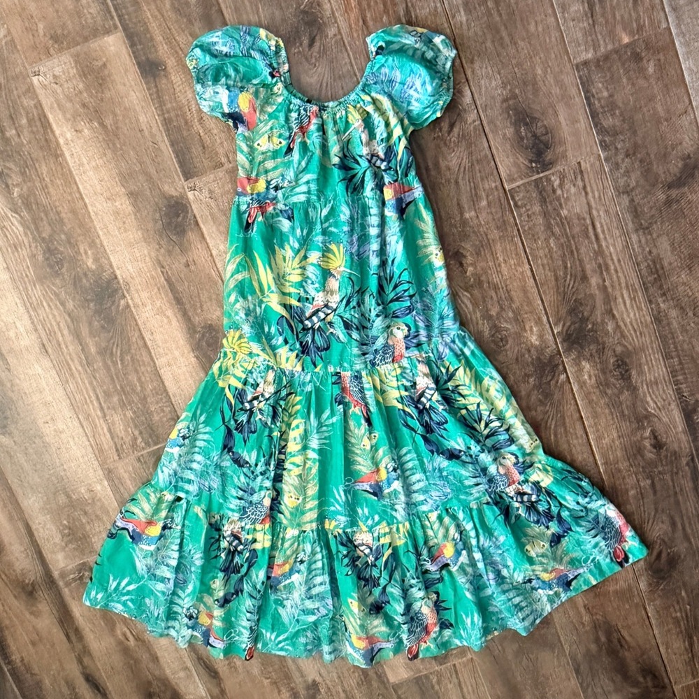 Anthropologie Maeve Tropical‎ Botanical Parrot Tiered Maxi Dress, Green, XS